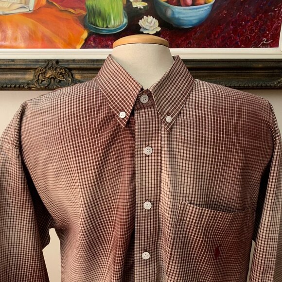 Polo Men’s L Shirt Checkered Brown and Tan Button Down Long Sleeves - Picture 3 of 9